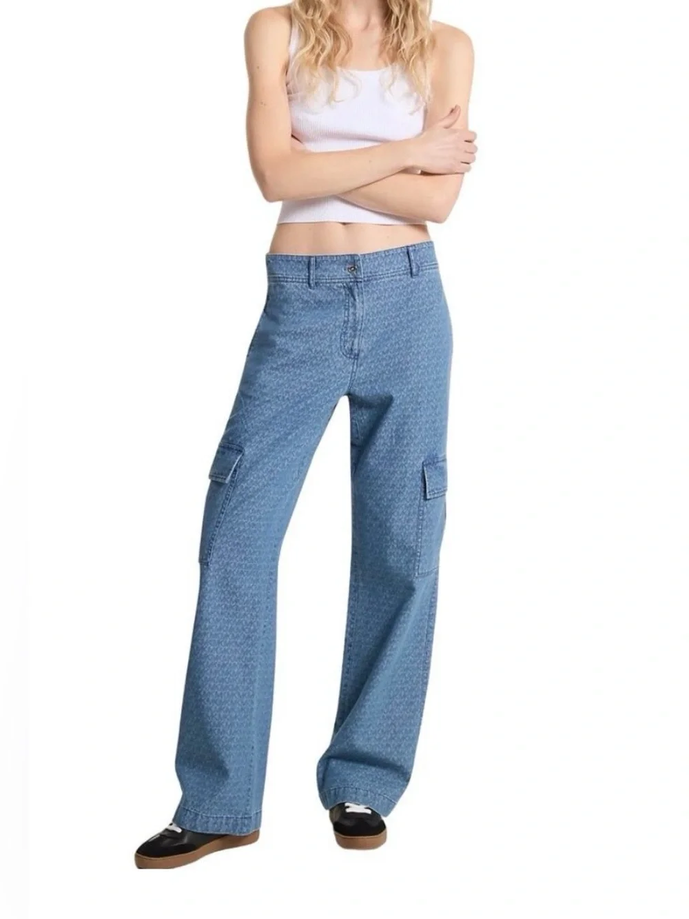 Michael Kors Logo Jacquard Denim Cargo Pants Jeans Dusk Blue Size 4
